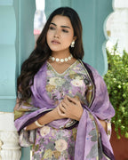 Vaasva Women's Purple Tissue Gota Embroidered Suit Set With Solid Pant And Embroidered Dupatta | Grocsy