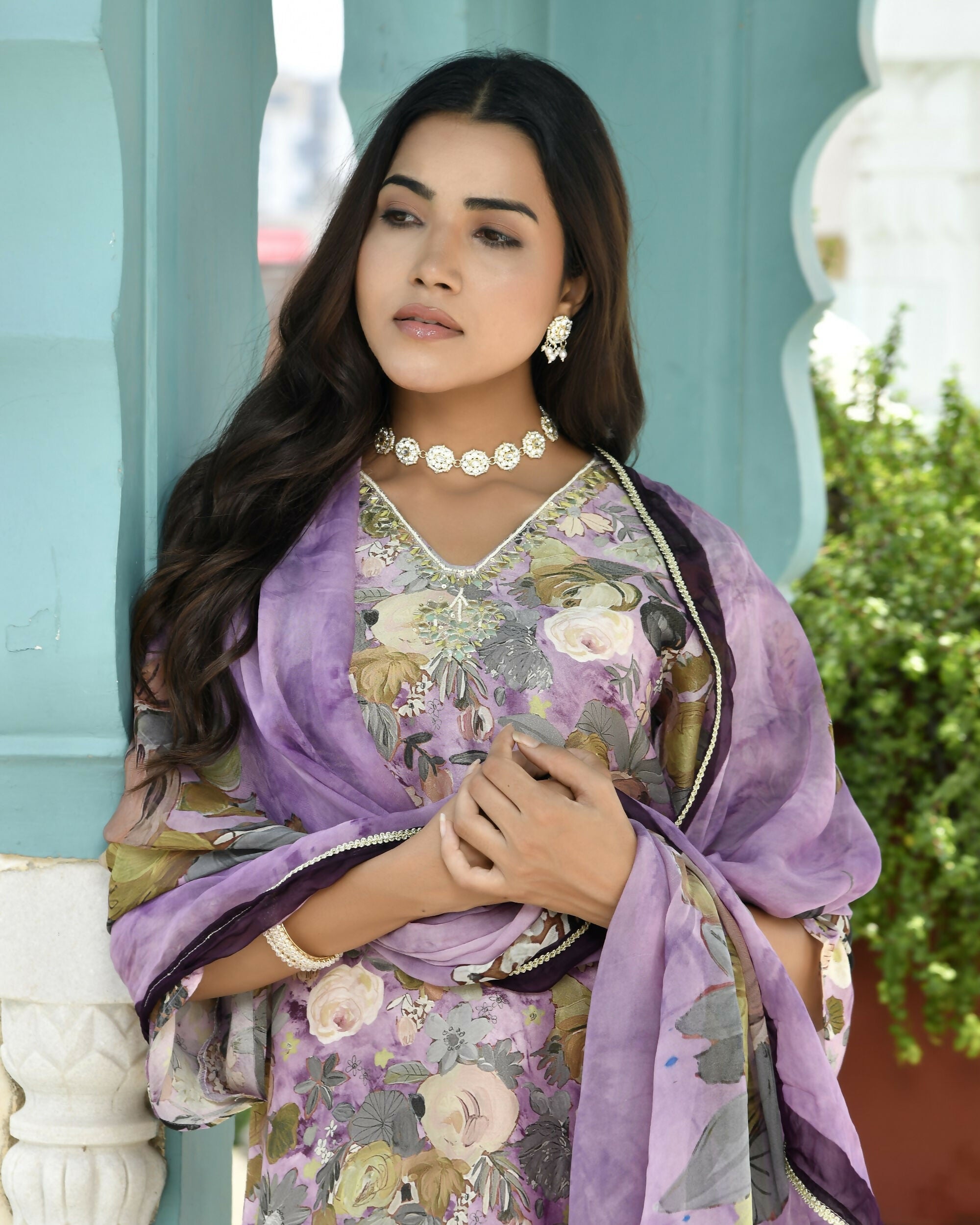 Vaasva Women's Purple Tissue Gota Embroidered Suit Set With Solid Pant And Embroidered Dupatta | Grocsy