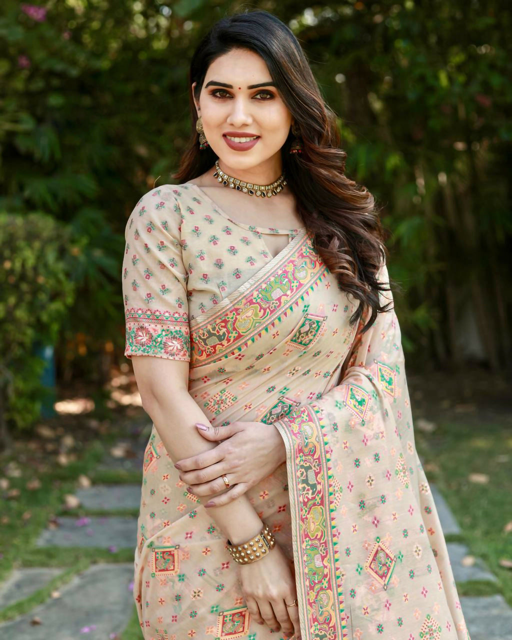 Vastranavya Luxury and Beautiful Soft, Smooth, Flowing Original Pashmina Soft Cotton Saree with Matching Blouse Fabric - Beige | Grocsy