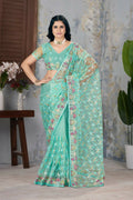 Vastranavya Soft Crush Georgette With Embroidery and Foil Multi Thread Work Saree - Turquoise | Grocsy