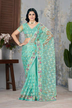 Vastranavya Soft Crush Georgette With Embroidery and Foil Multi Thread Work Saree - Turquoise | Grocsy