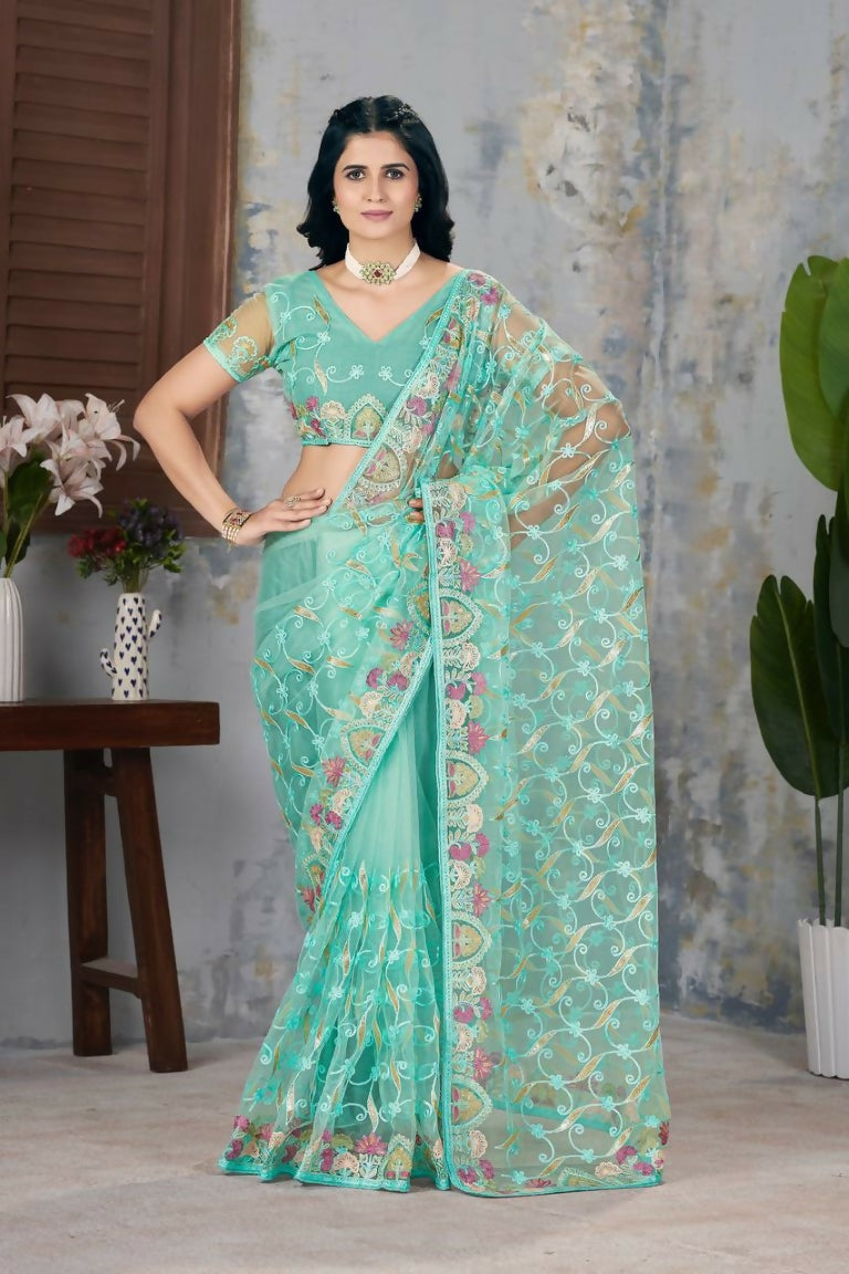 Vastranavya Soft Crush Georgette With Embroidery and Foil Multi Thread Work Saree - Turquoise | Grocsy