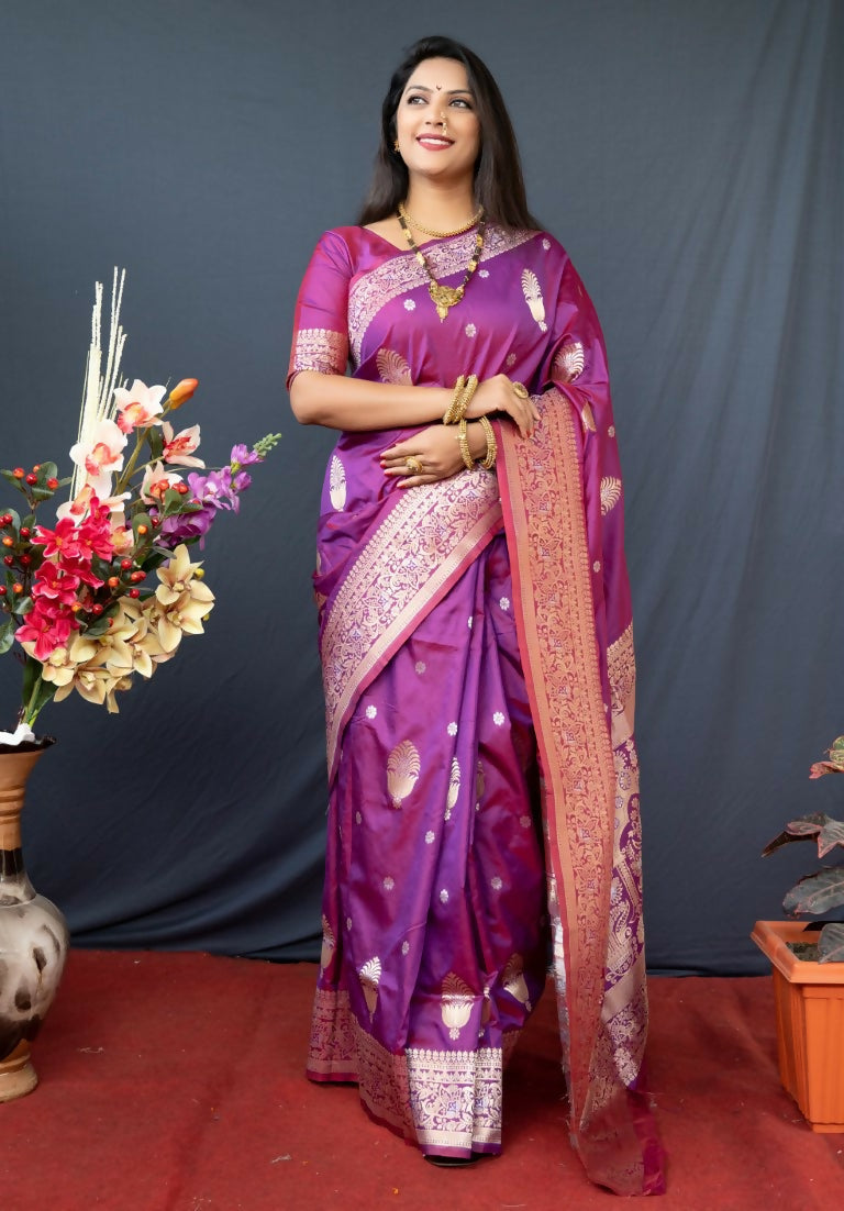 Jyoti Fashion Women's Purple Paithani Silk Zari Woven Saree with Blouse | Grocsy