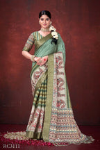 Green Poly Habotai Silk Foil Print Saree with Unstitched Blouse - Kathari | Grocsy