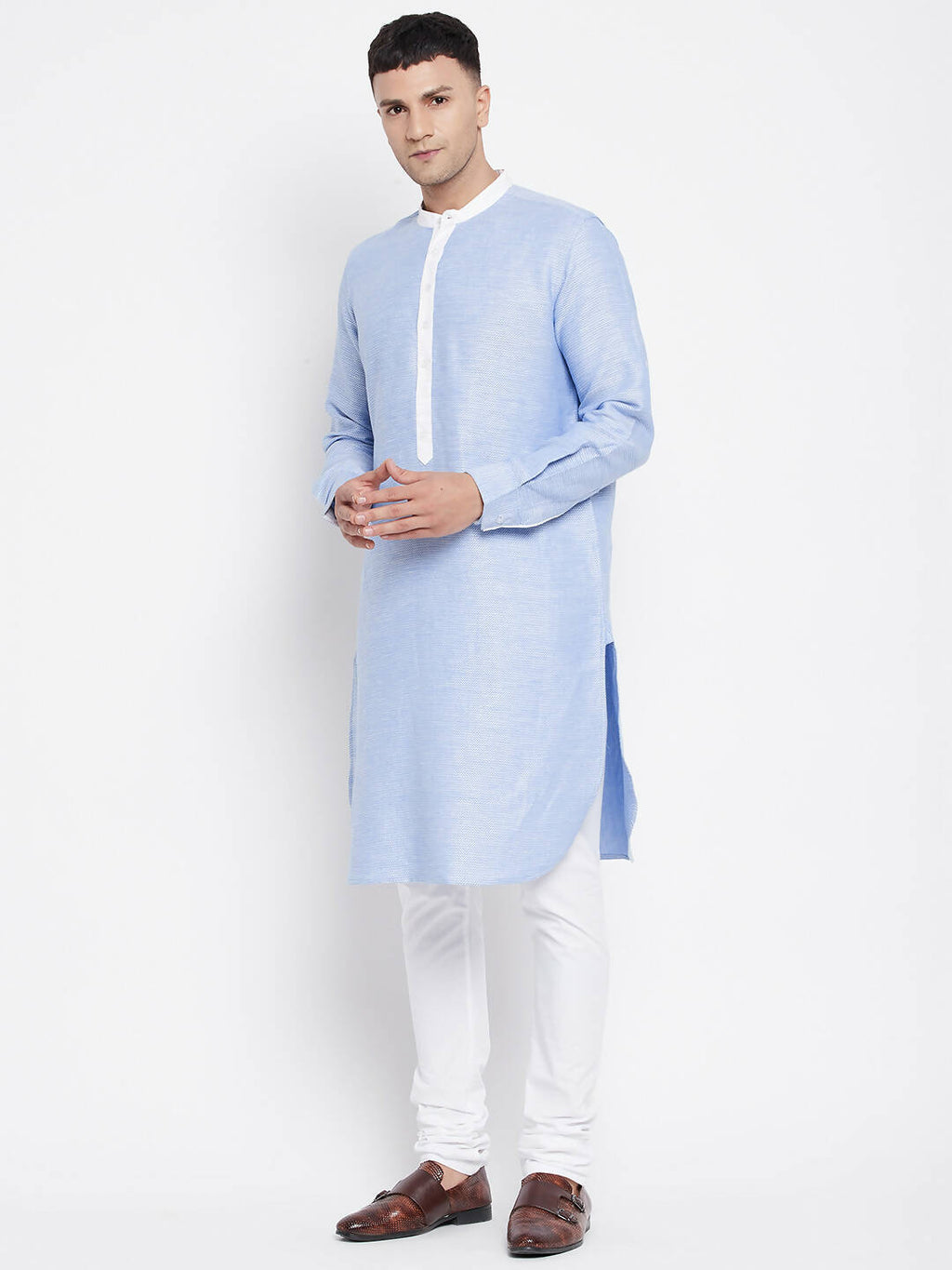 Even Apparels Blue Color Pure Cotton Men's Kurta With Contrast Collar And Placket | Grocsy
