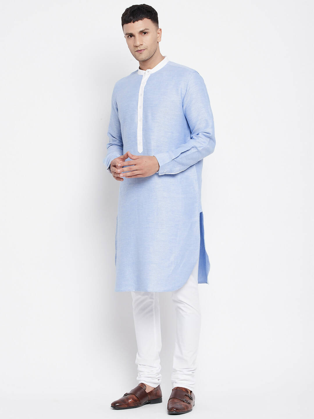 Even Apparels Blue Color Pure Cotton Men's Kurta With Contrast Collar And Placket | Grocsy
