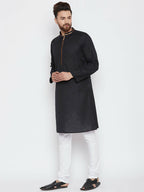 Even Apparels Black Color Pure Cotton Men's Kurta With Band Collar | Grocsy