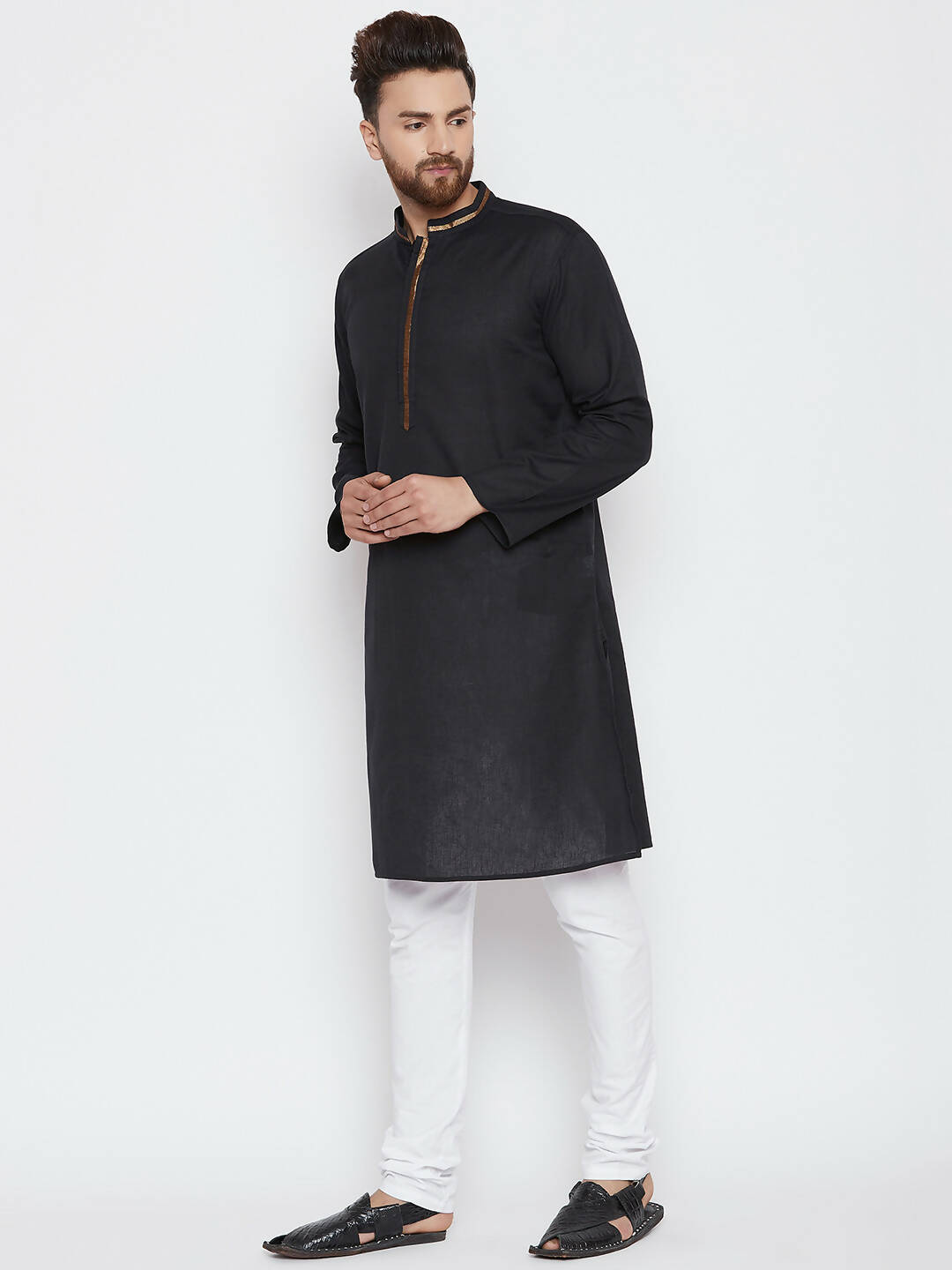 Even Apparels Black Color Pure Cotton Men's Kurta With Band Collar | Grocsy