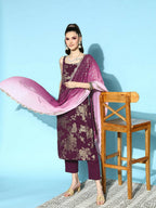 Ahalyaa Women's Wine Crepe Gold Smoke Printed Kurta Pant Set With Dupatta | Grocsy