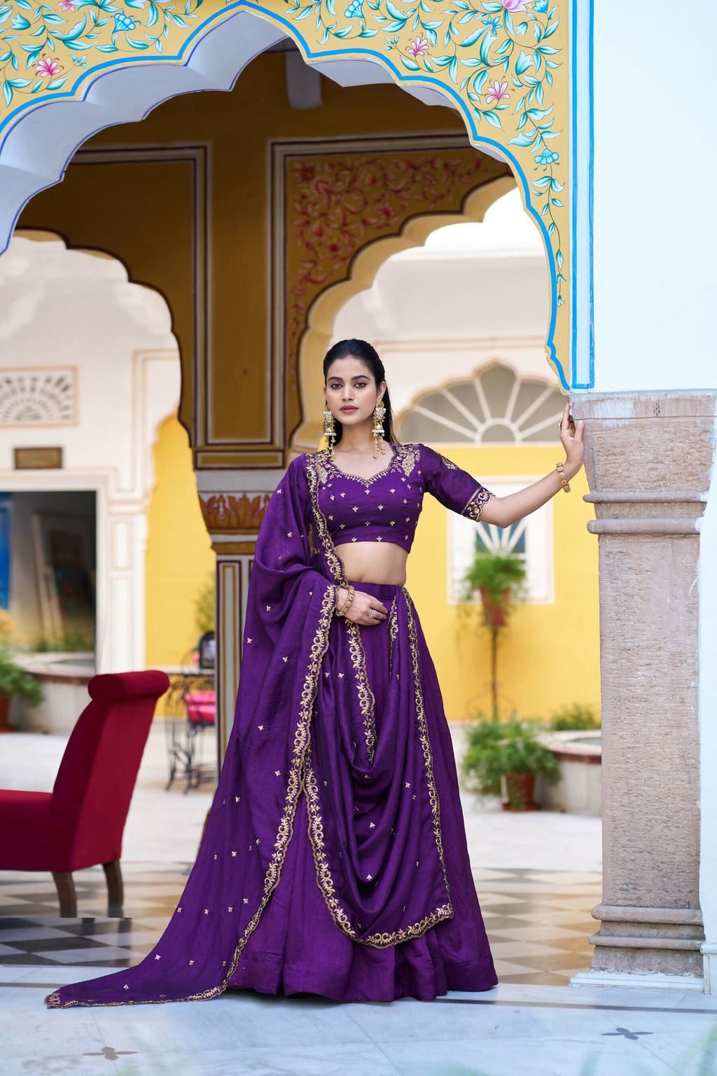 Lorenvalley Fashion Purple NC Silk Plain Lehenga Embroidery Work Choli with Dupatta | Grocsy