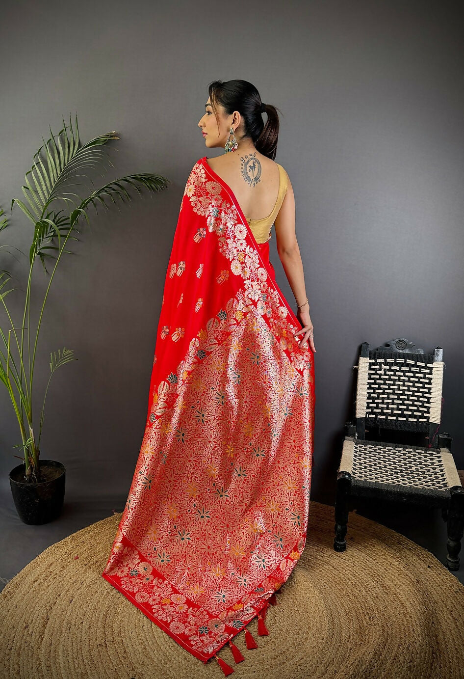 Joban Fashion Meenakari Red Woven Soft Silk Saree | Grocsy