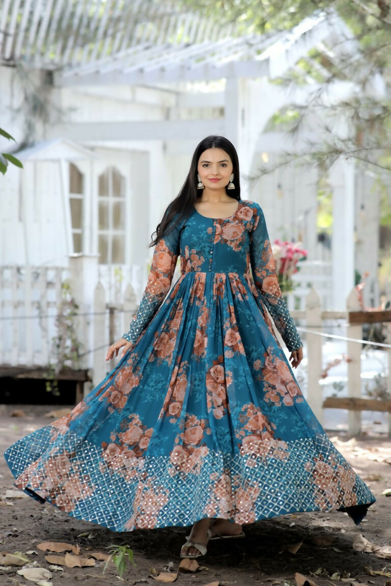 Jyoti Fashion Women's Teal Sequence Zari Embroidered Faux Georgette Anarkali Dress | Grocsy