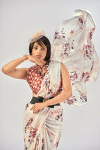 Vastranavya White Satin Silk Elegant Printed Saree with Unstitched Blouse | Grocsy