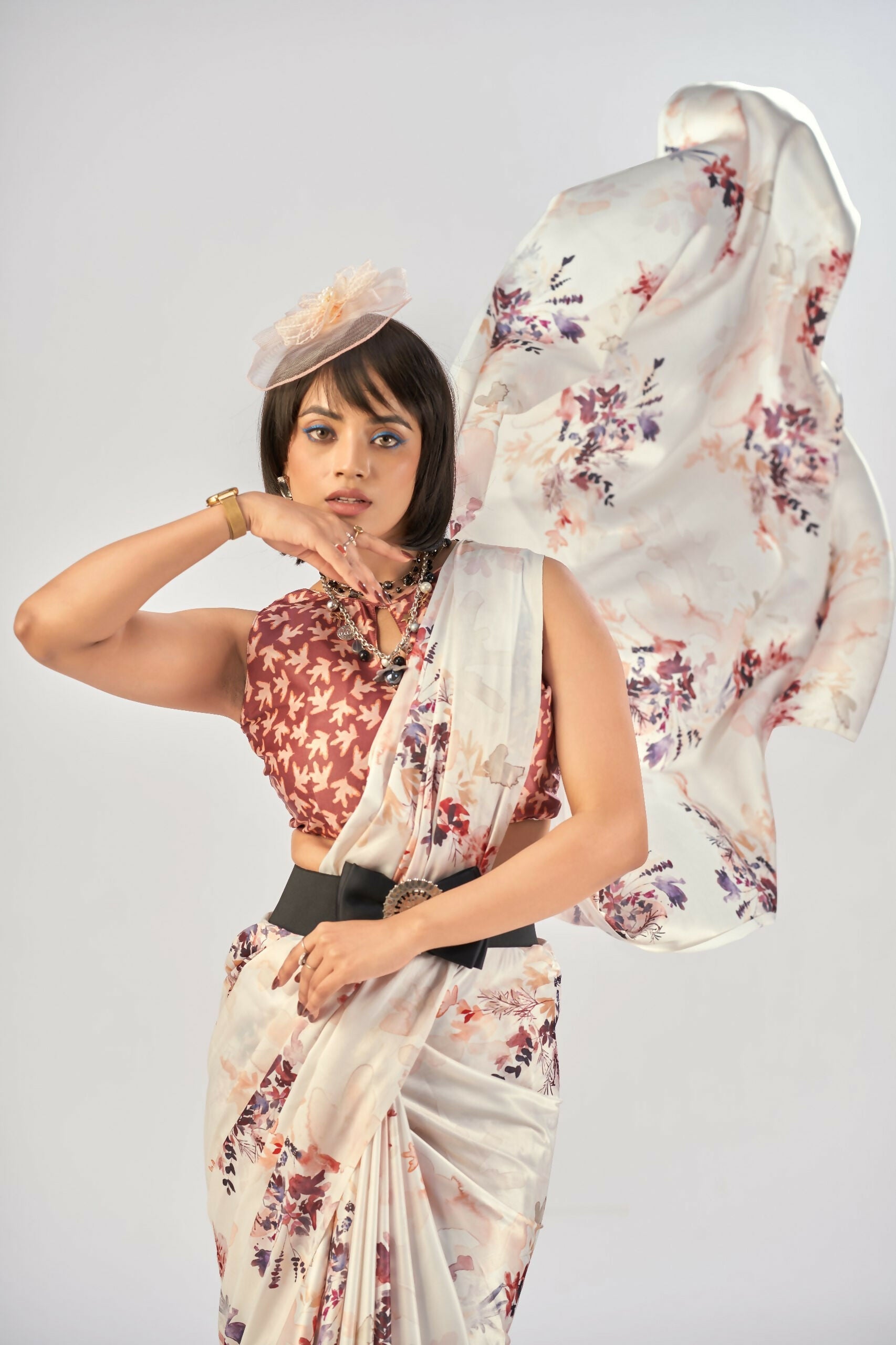 Vastranavya White Satin Silk Elegant Printed Saree with Unstitched Blouse | Grocsy