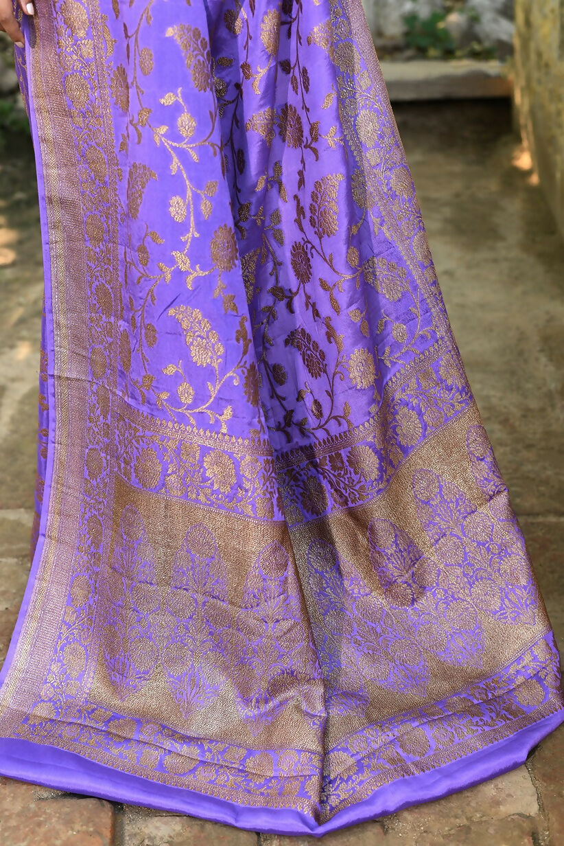 Joban Fashion Dark Lilac Crepe Chiffon Pure Handloom Banarasi Silk Saree | Grocsy