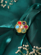 Ruby Raang Gold Polished Multi-Color Navratan Cocktail Ring | Grocsy