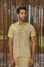 Gold Tissu Kanjivaram Machien Embroidered Pattu Set by Hilo Design | Grocsy