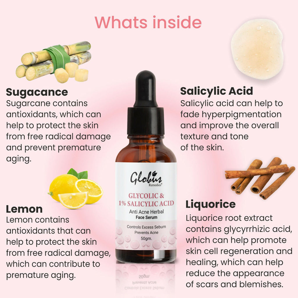 Globus Remedies Glycolic & 1% Salicylic Acid Anti Acne Face Serum | Grocsy