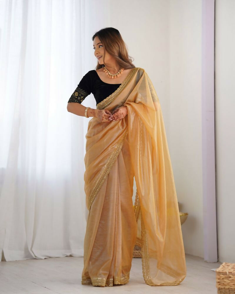 Attrctive Looking Gold Jari, Sequance Embroidery Work Twill Net Party Wear Saree - Gold | Grocsy