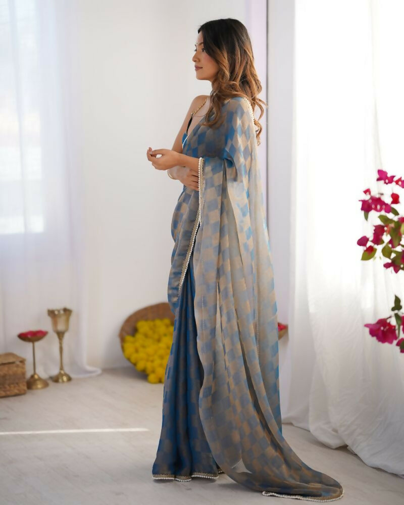 NC Chiffon Chex Wevon Chex Designer, Lace Party Wear Saree - Blue | Grocsy