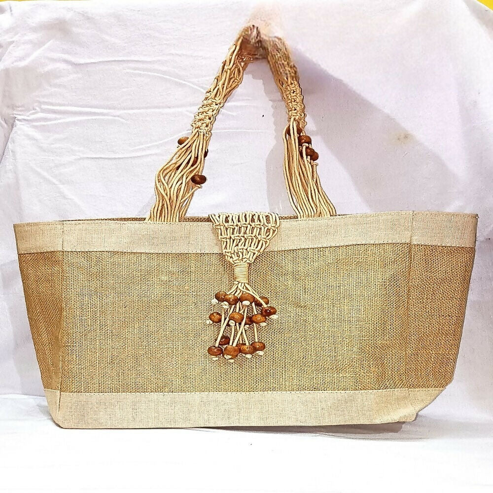 Jute Ladies Fashion Bag with Wooden Beads | Grocsy