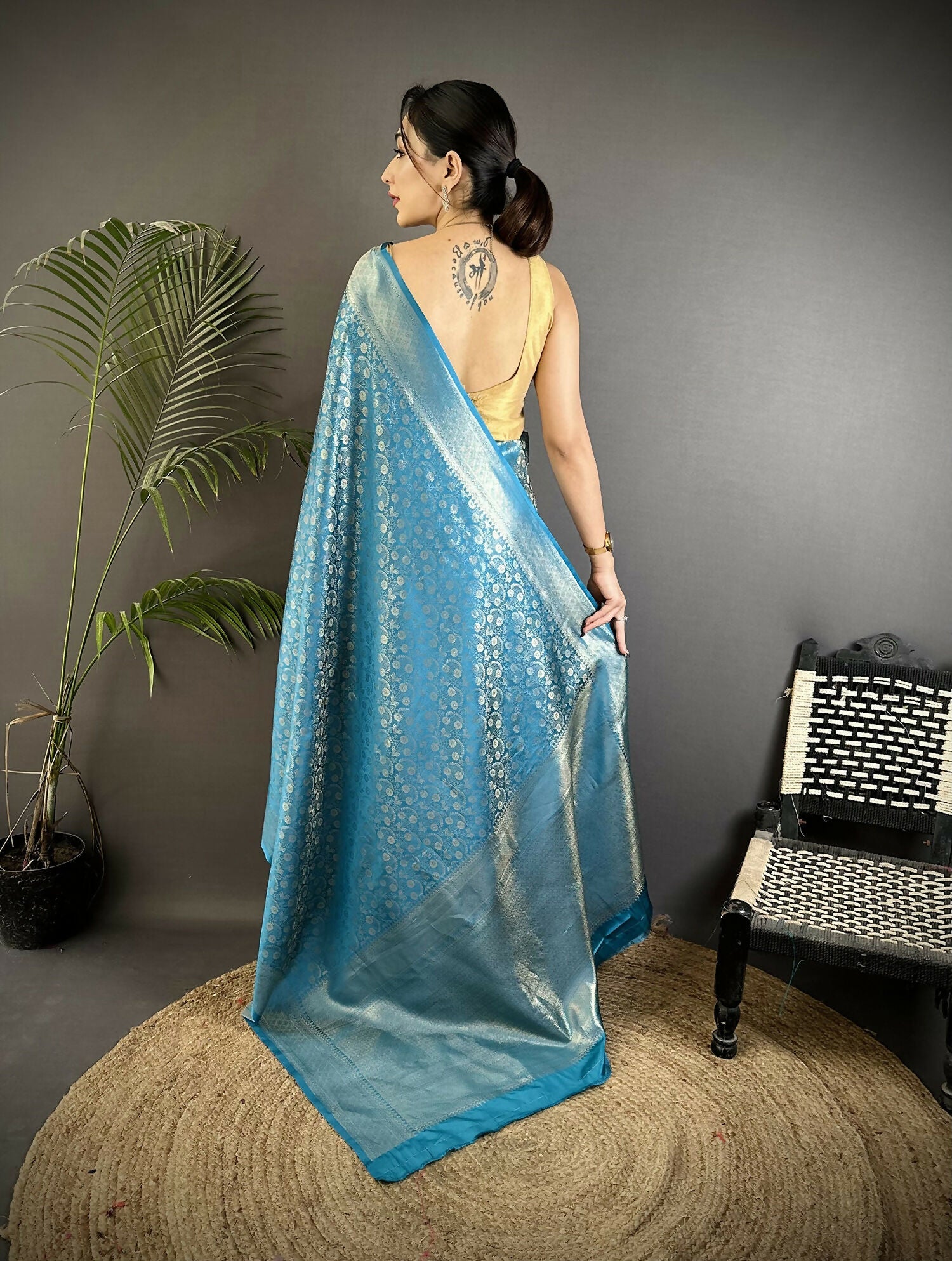 Joban Fashion Aqua Blue Floral & Paisley Motifs Soft Satin Silk Banarasi Saree | Grocsy