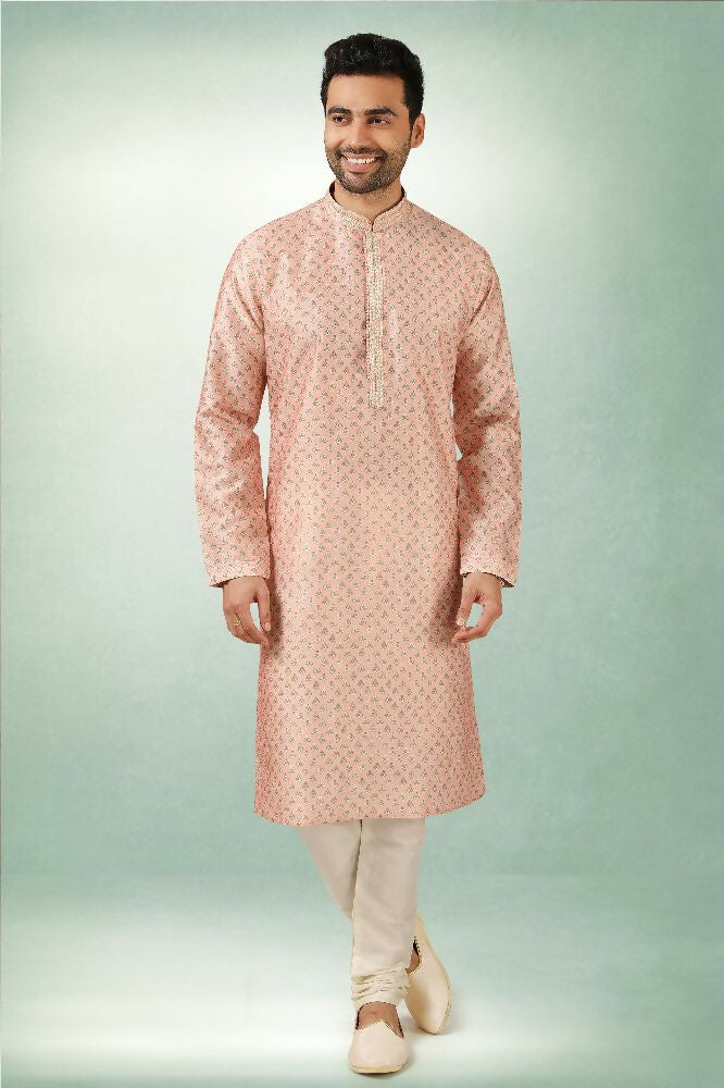 Raivat Ethnic Art Silk Printed Work Kurta Pajama In Pink Colour | Grocsy