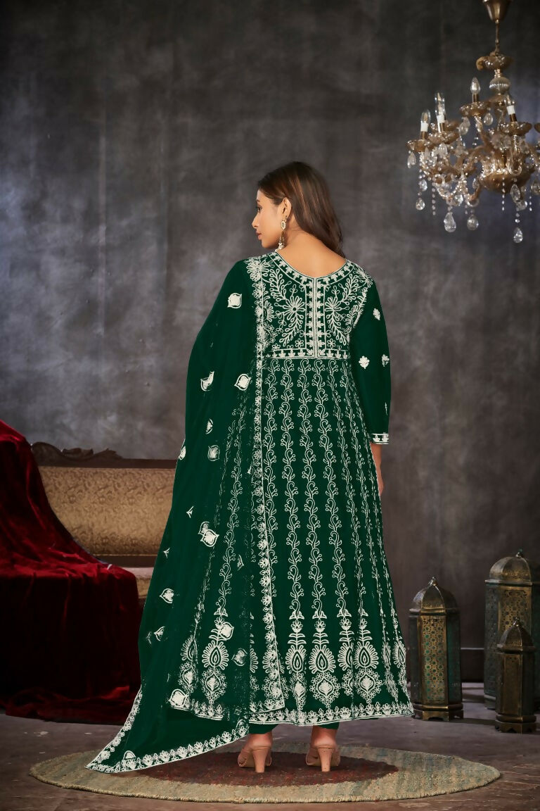 Jyoti Fashion Women's Green Net Embroidered Anarkali Kurta Pant Set With Dupatta | Grocsy