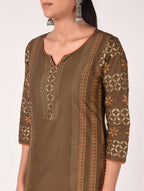 Cheera Hand Block Print Earth Brown Straight Kurta (MAAI-060K) | Grocsy
