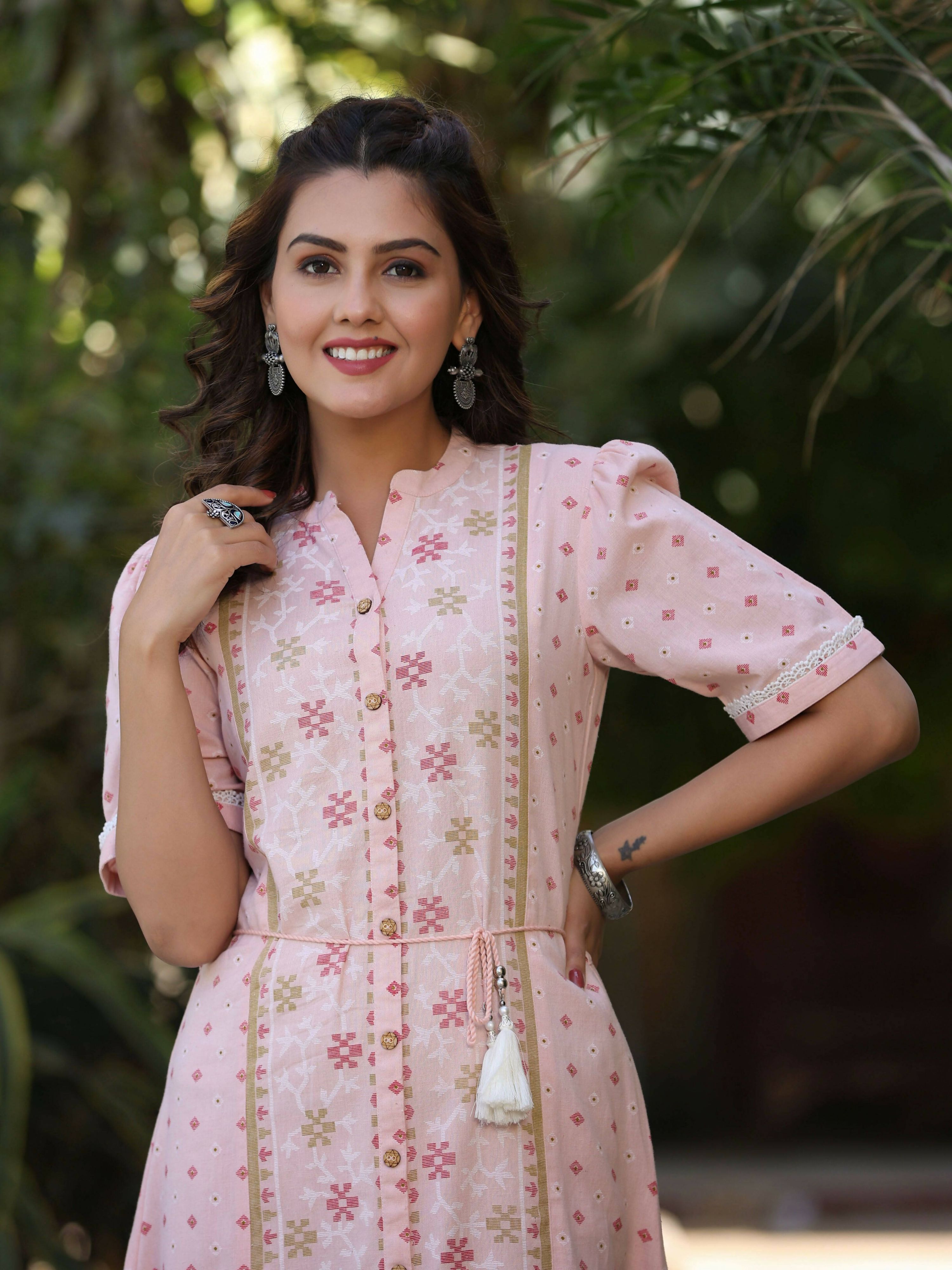 Juniper Women's Pink Cotton Printed Embroidered Flared Dress | Grocsy