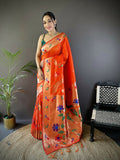 Joban Fashion Orange Zari Woven Floral Motifs Soft Silk Paithani Silk Saree | Grocsy