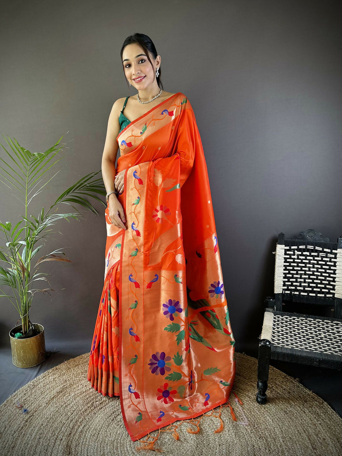Joban Fashion Orange Zari Woven Floral Motifs Soft Silk Paithani Silk Saree | Grocsy