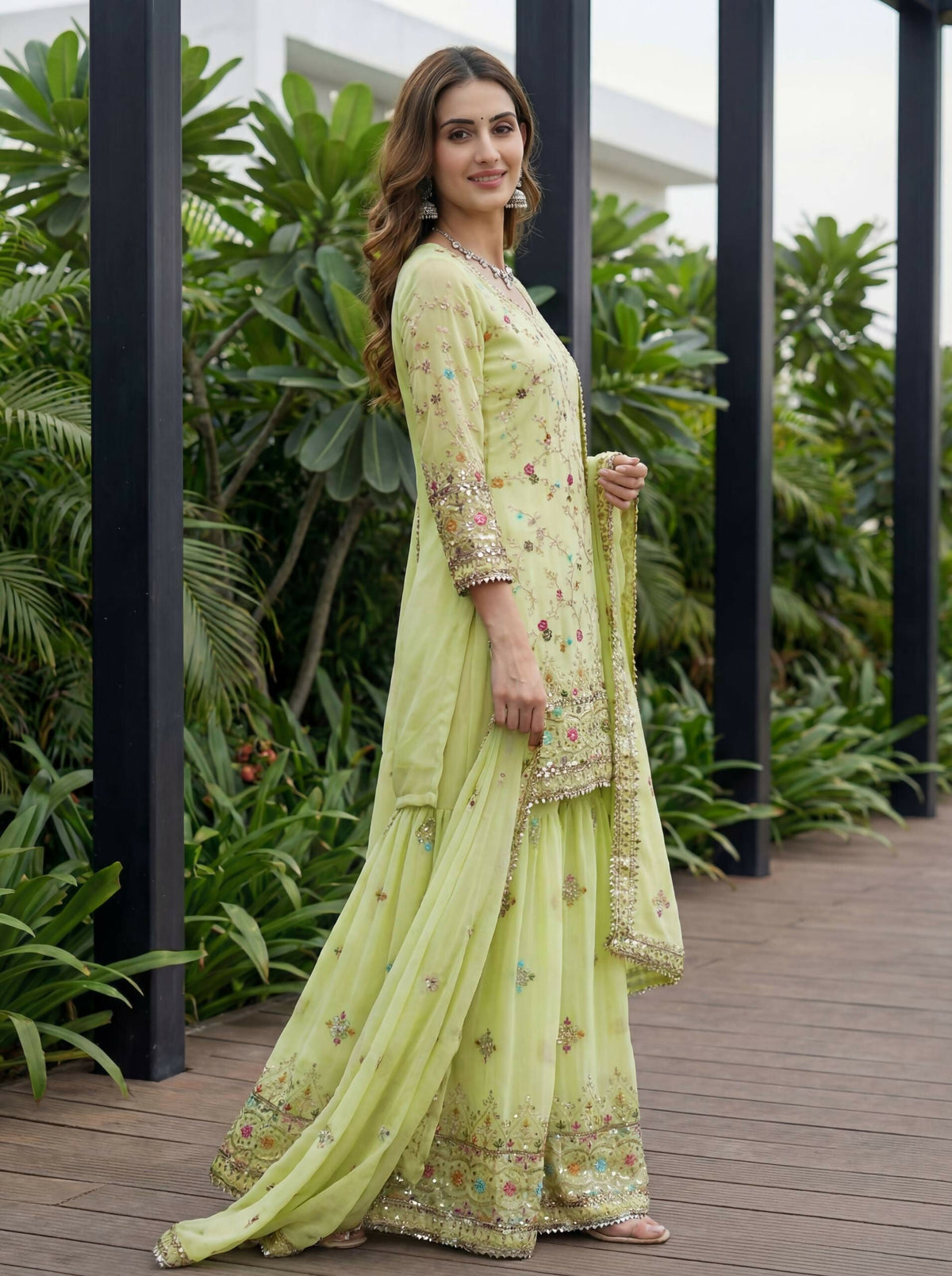 Teeya Creation Pista Faux Georgette Multi Thread Work Wedding Wear Sharara Set | Grocsy