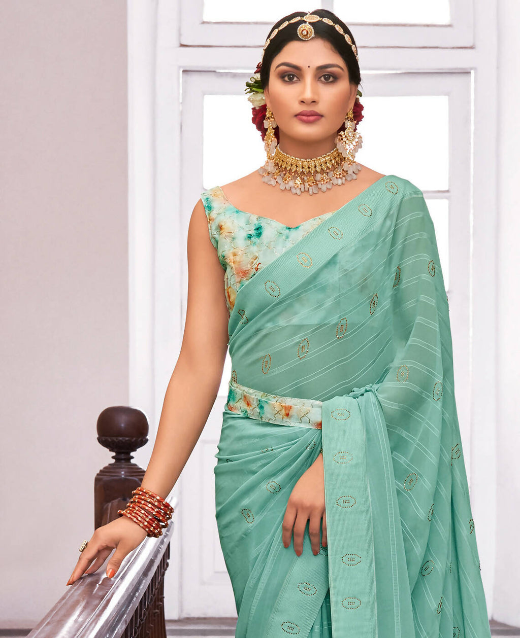 Sea Green Georgette Swaroski Work Saree With Unstitched Blouse Piece - Juhi | Grocsy