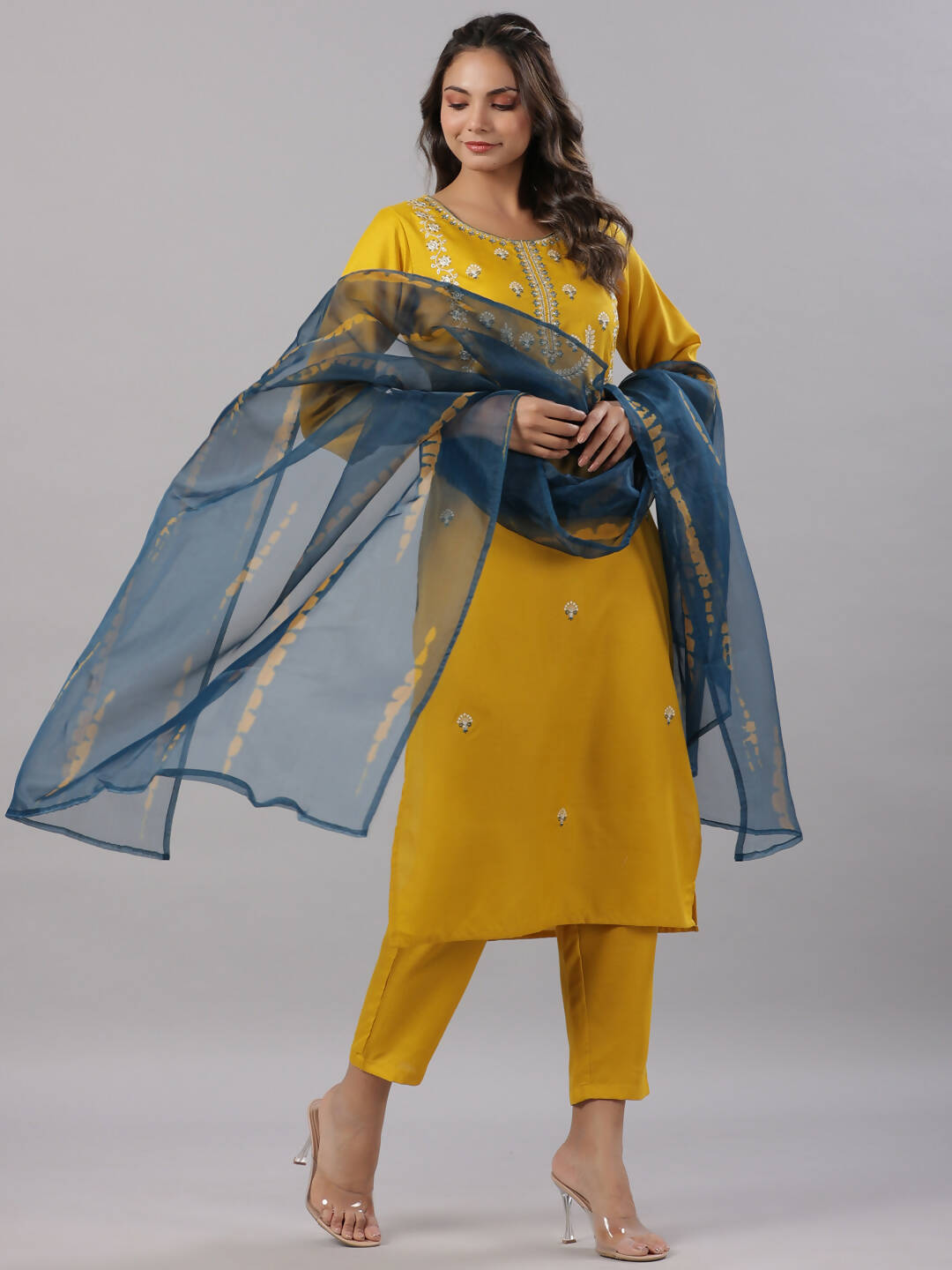 Juniper Women's Mustard Silk Zari Embroidered Kurta Pant Dupatta Set | Grocsy