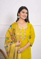 Yellow Viscose Silk Embroidery with Thread and sequence Stitched Suit With Dupatta - Tanisha | Grocsy