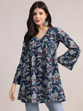 Aavyora Women's Navy Blue Cotton Tunic with Red and White Floral Print, Pin-Tuck Detailing, and Flared Sleeves | Grocsy