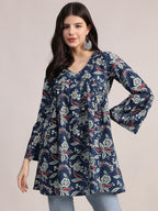 Aavyora Women's Navy Blue Cotton Tunic with Red and White Floral Print, Pin-Tuck Detailing, and Flared Sleeves | Grocsy