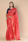 Very Much Indian Handloom Cotton Silk Maheshwari Saree With Sleek Golden Border - Red | Grocsy
