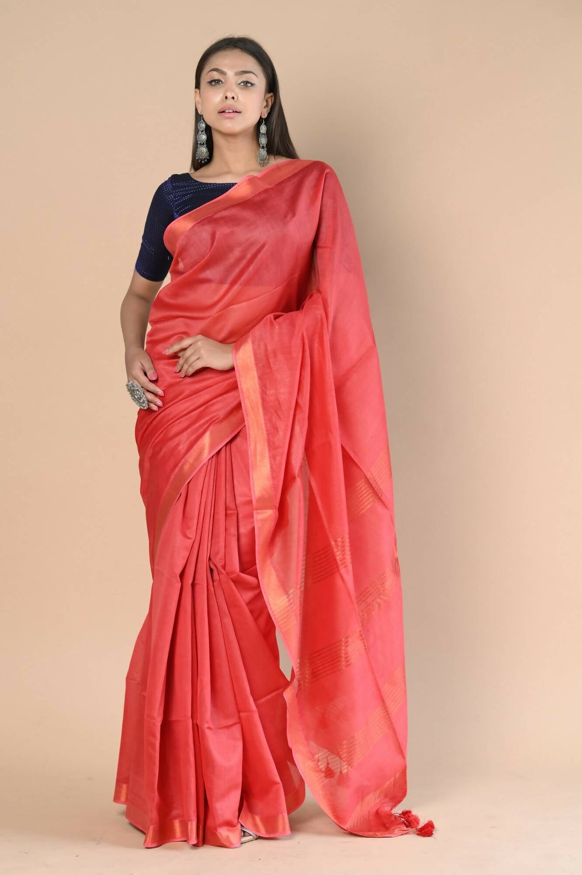 Very Much Indian Handloom Cotton Silk Maheshwari Saree With Sleek Golden Border - Red | Grocsy