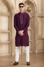 Raivat Ethnic Banarasi Art Silk Mirror Work Kurta Pajama In Wine Colour | Grocsy