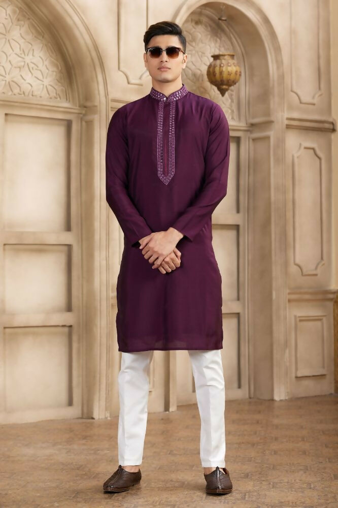 Raivat Ethnic Banarasi Art Silk Mirror Work Kurta Pajama In Wine Colour | Grocsy