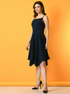 Myshka Women's Navy Blue Solid Party Dress | Grocsy