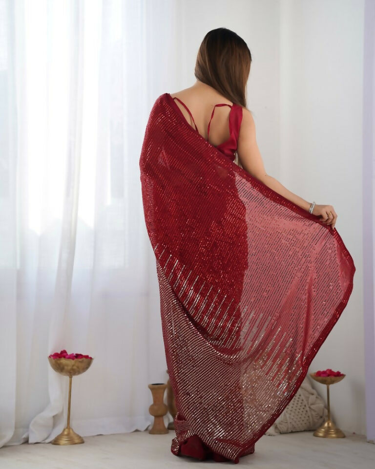 Red Georgette Designer Sequence Embroidery Work Saree - Sitare | Grocsy