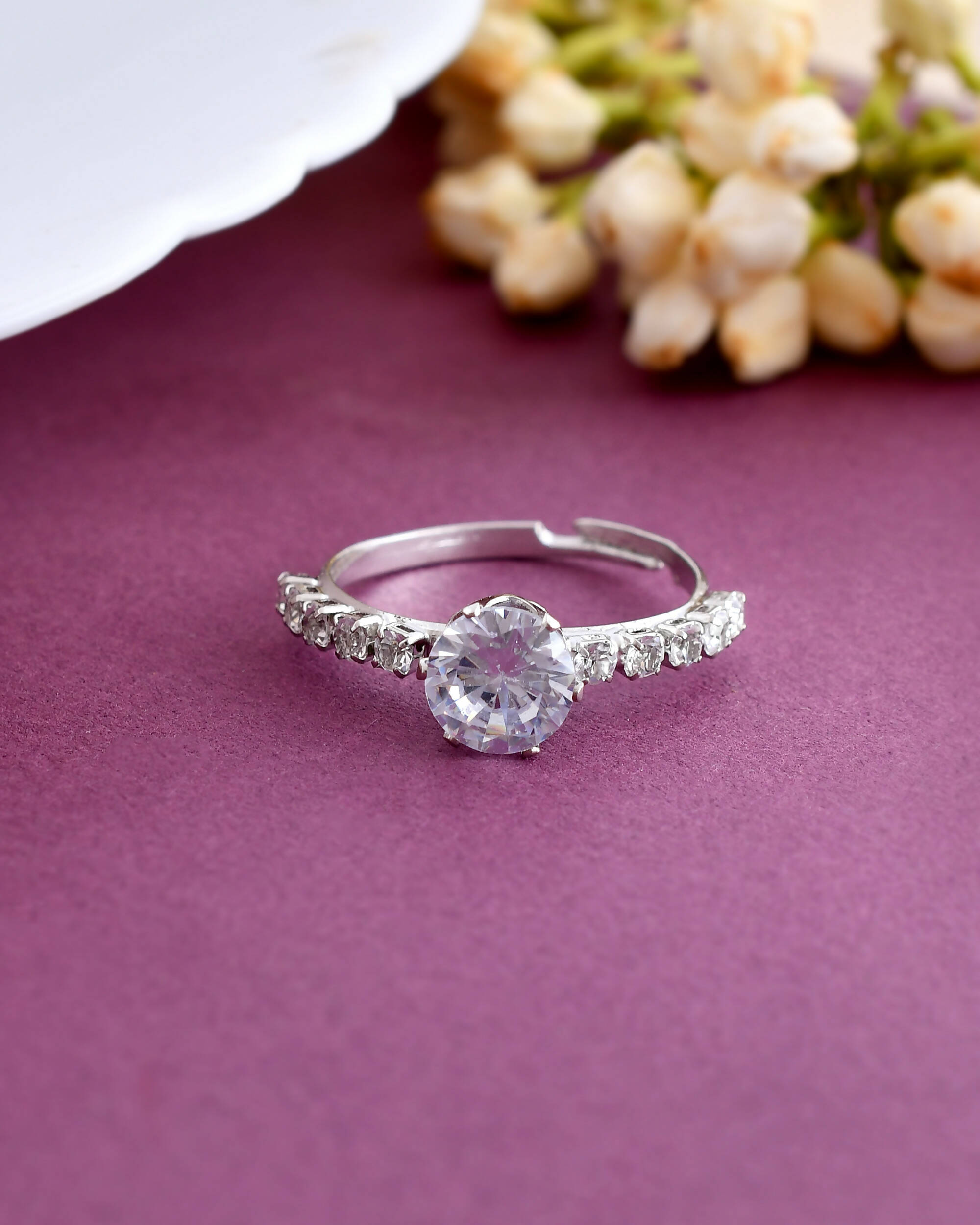 VOJ white CZ-detail Stainless Steel Cubic Zirconia Silver Plated Adjustable Finger Ring | Grocsy