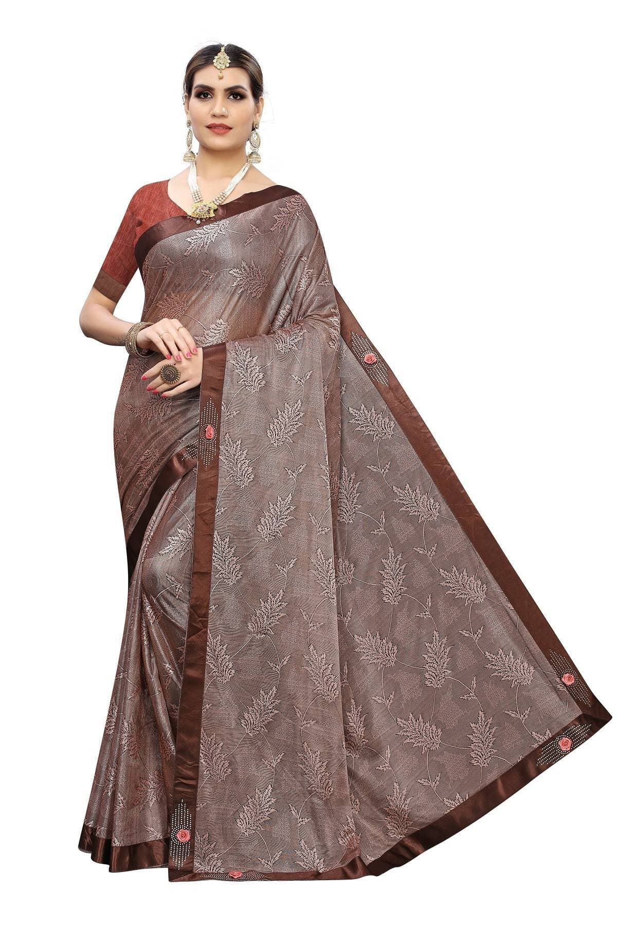 Vamika Coffee Lycra Embroidery Saree | Grocsy