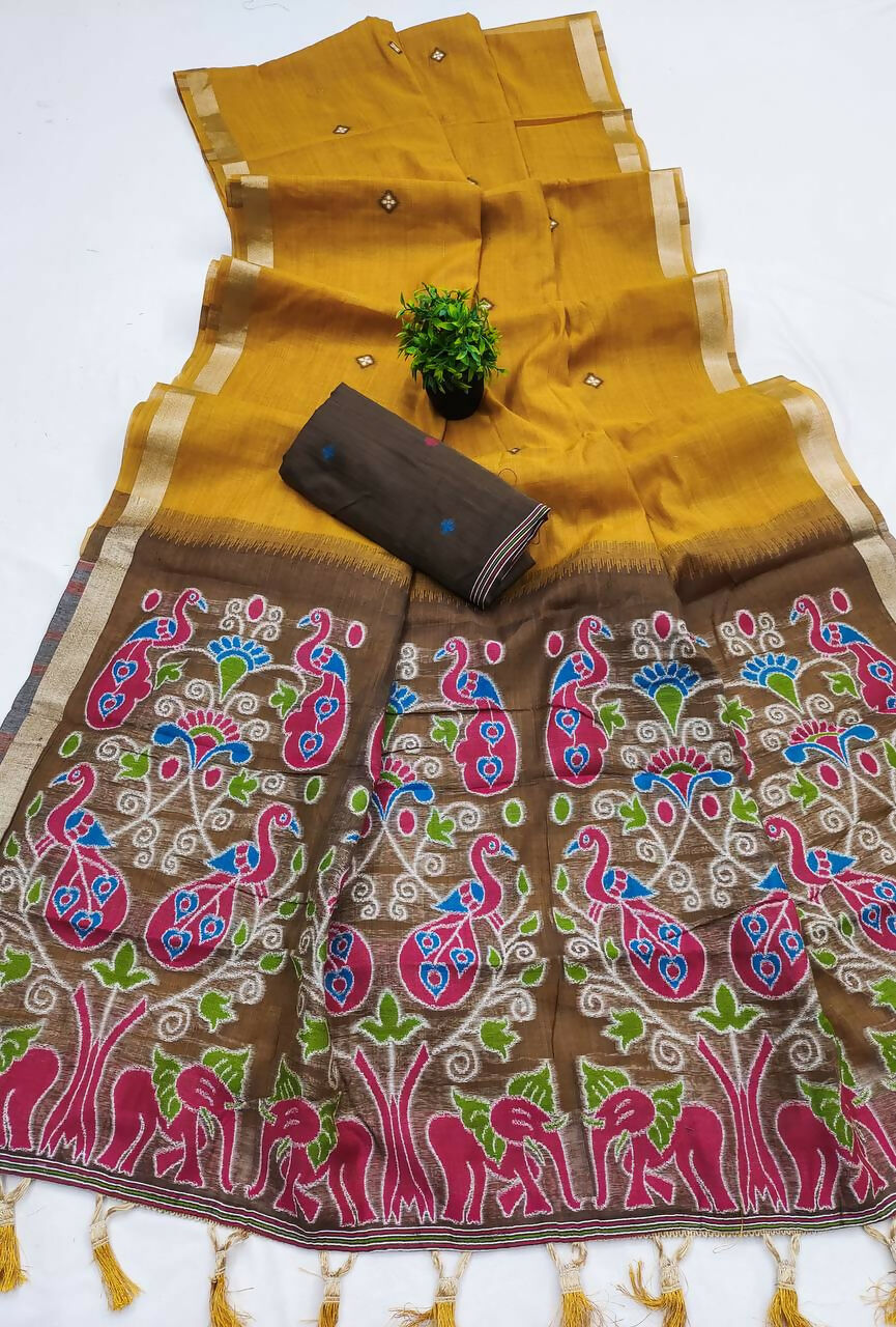 Vastranavya Yellow Muga Cotton Meenakari & Azarakh Pallu Saree with Contrast Blouse | Grocsy