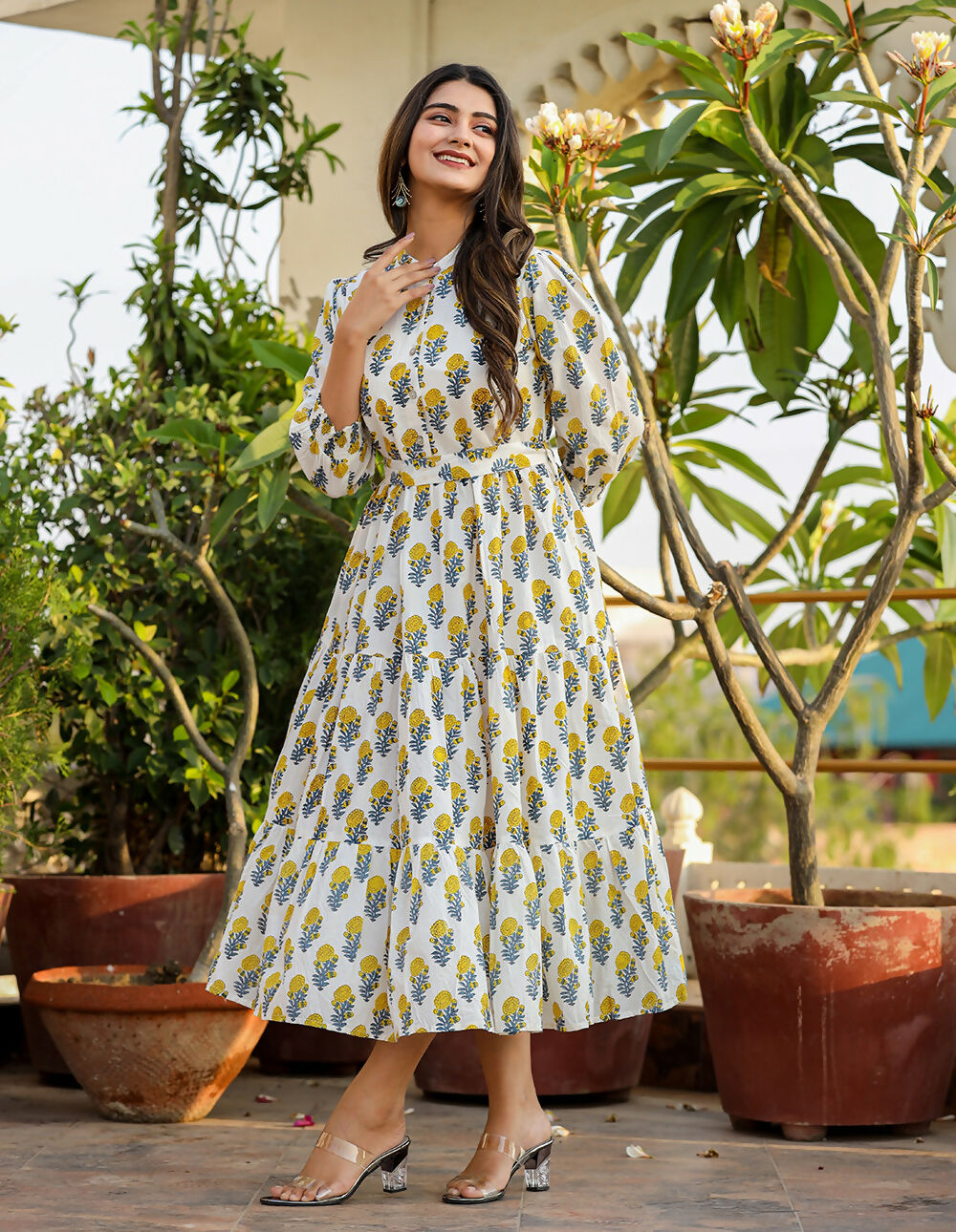 Kaajh Women's White-Yellow Ethnic Floral Hand Block Print Cotton Dress | Grocsy