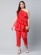 Ahalyaa Red Printed Layered Top with Trousers | Grocsy
