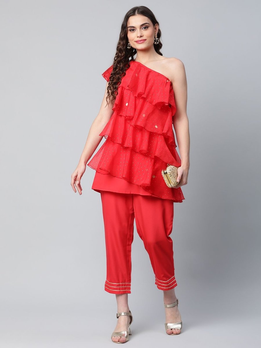 Ahalyaa Red Printed Layered Top with Trousers | Grocsy